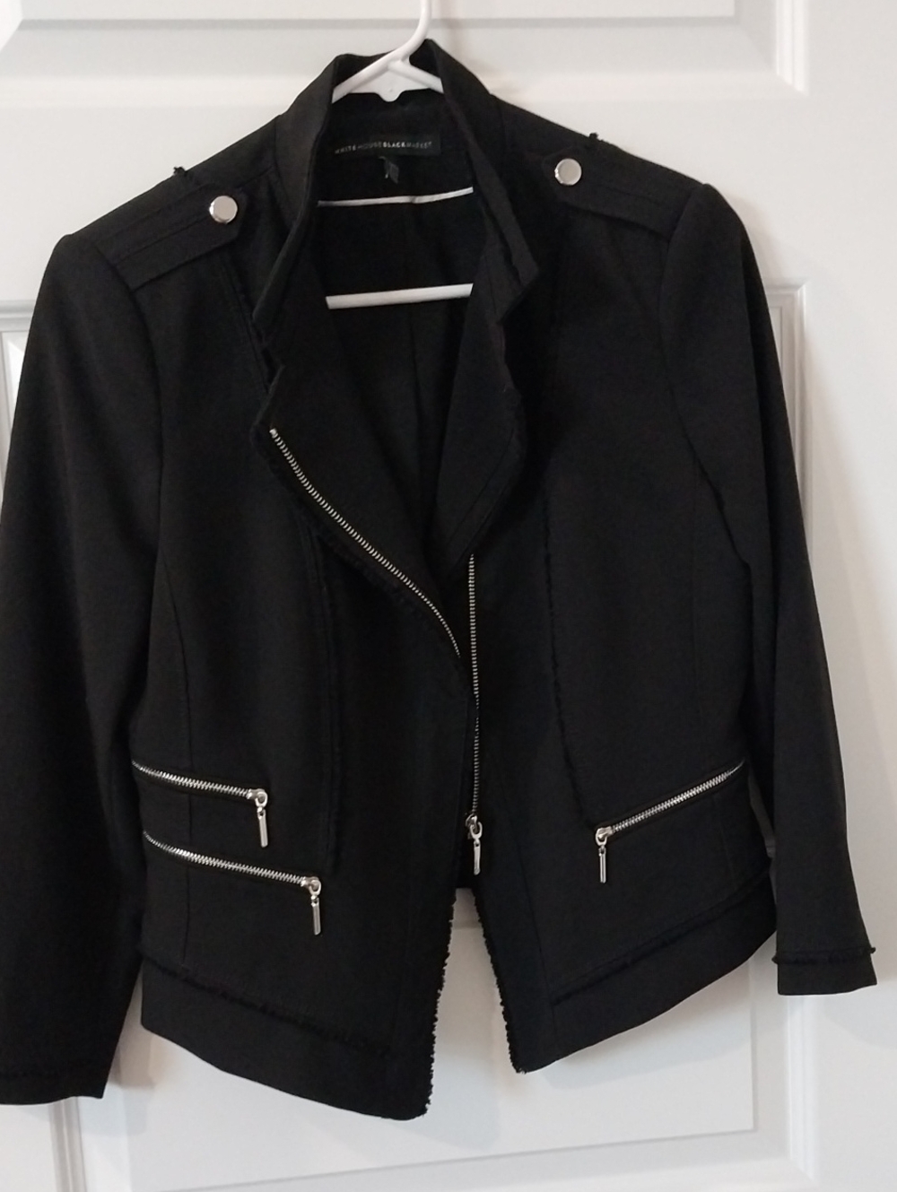 White House Black Market Black Moto Zip Blazer with Silver Hardware